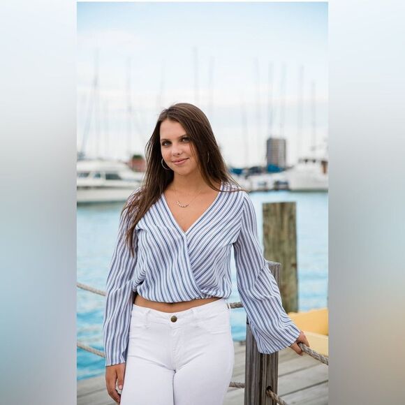 Anthropologie Sadie & Sage White and Blue Wrap Blouse - Picture 1 of 4